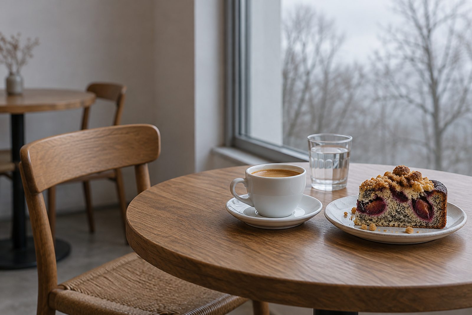 Runder Holztisch am Fenster mit einer Kaffeetasse, einem Stück Mohnkuchen mit Zwetschgen und einem Glas Wasser, draußen unscharf kahle Bäume im grauen Licht